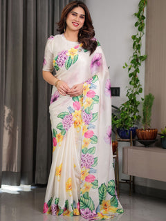 Cream Heavy Georgette Silk Floral Printed Saree with Unstitched Blouse