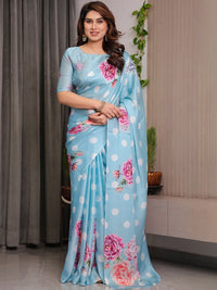 Sky Blue Heavy Georgette Silk Floral & Polka Dot Printed Saree with Unstitched Blouse