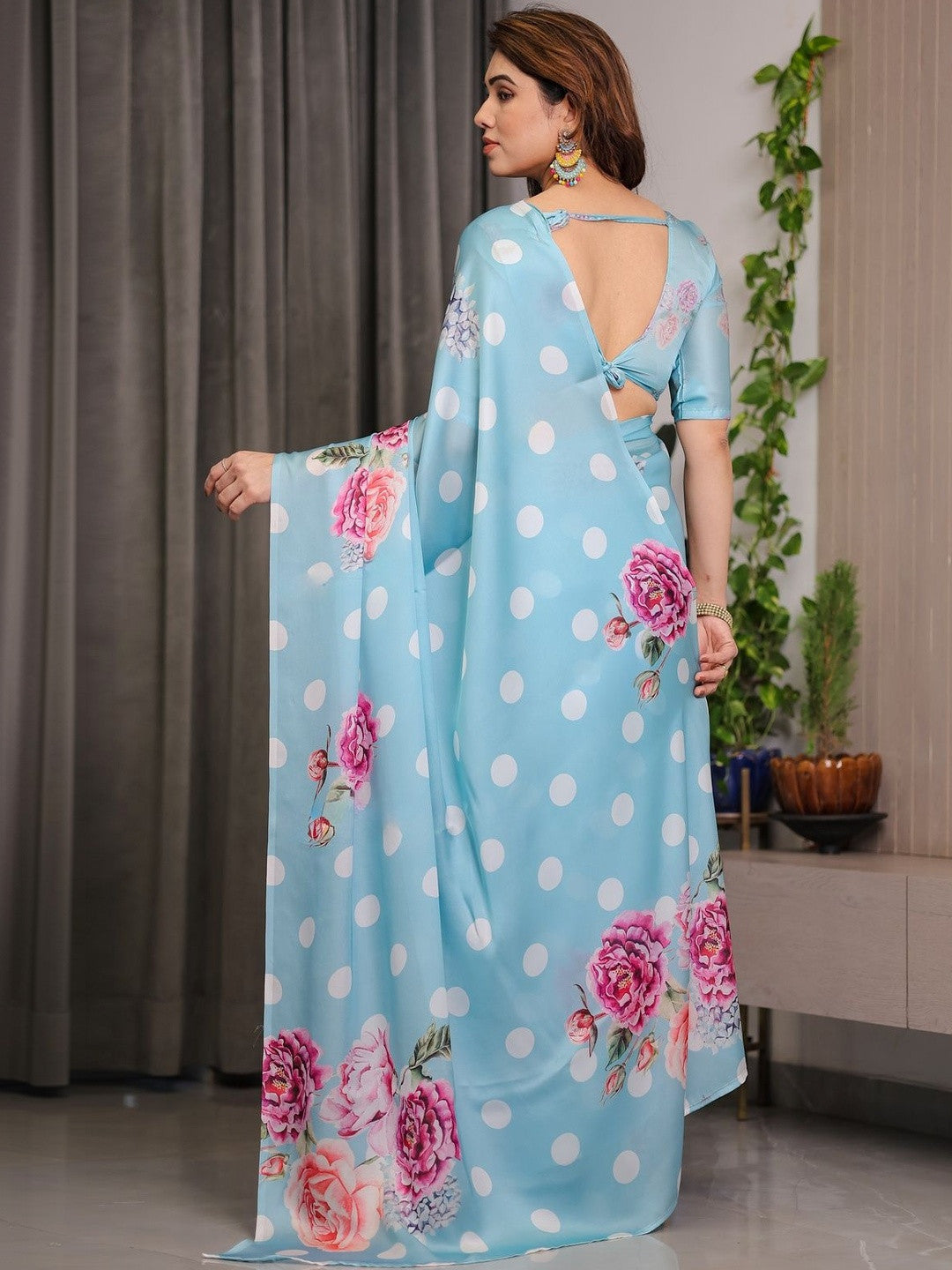 Sky Blue Heavy Georgette Silk Floral & Polka Dot Printed Saree with Unstitched Blouse