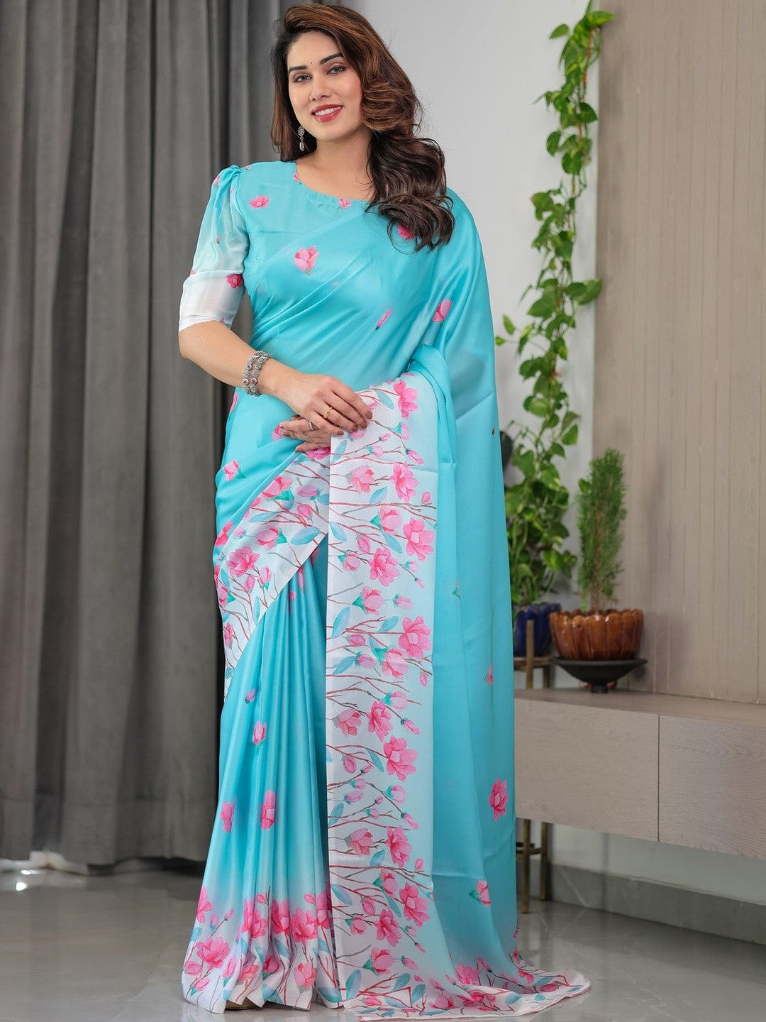 Aqua Blue Heavy Georgette Silk Floral Printed Saree with Unstitched Blouse