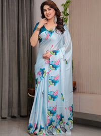 Sky Blue Heavy Georgette Silk Lotus Printed Saree with Unstitched Blouse