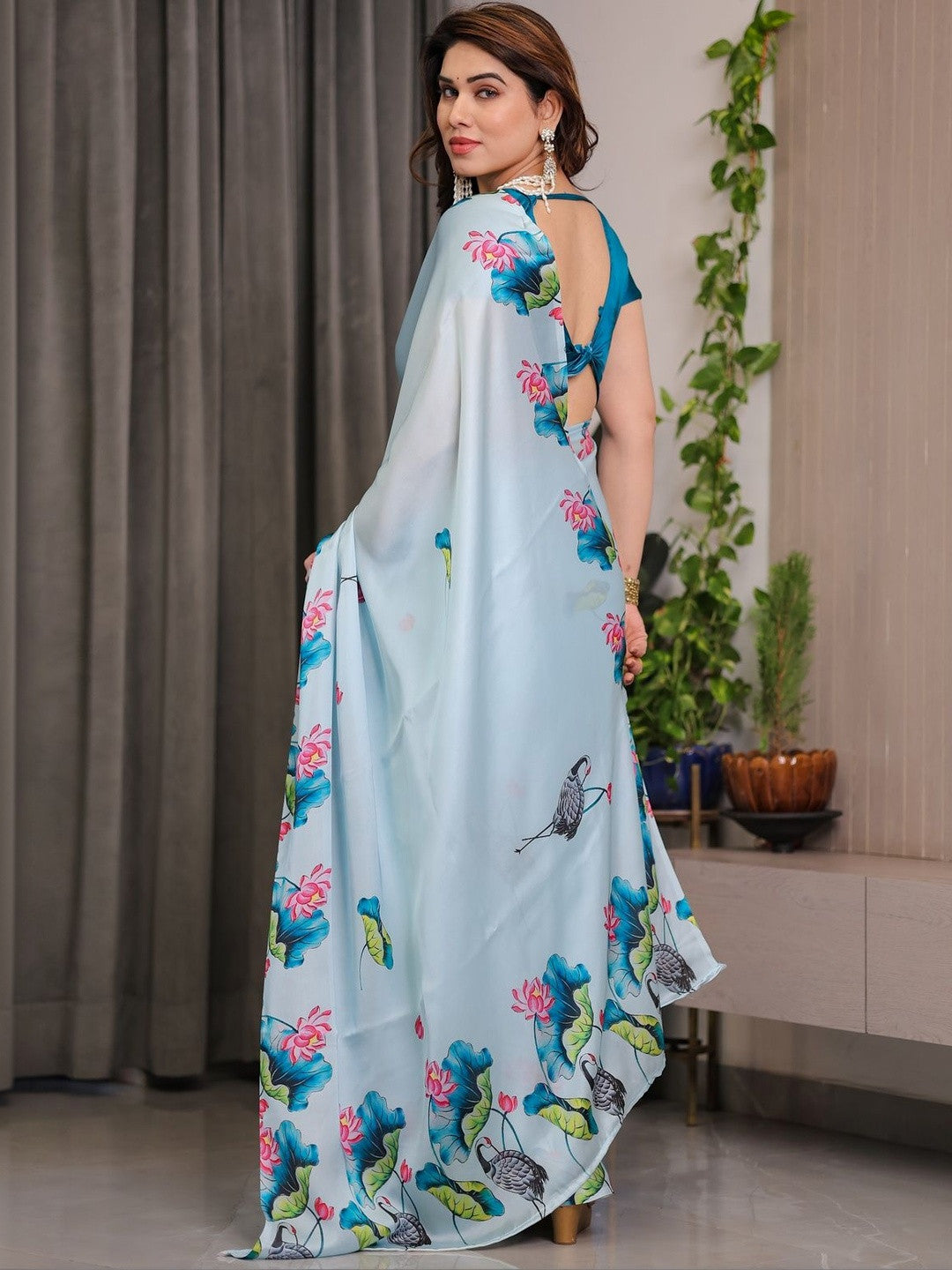 Sky Blue Heavy Georgette Silk Lotus Printed Saree with Unstitched Blouse