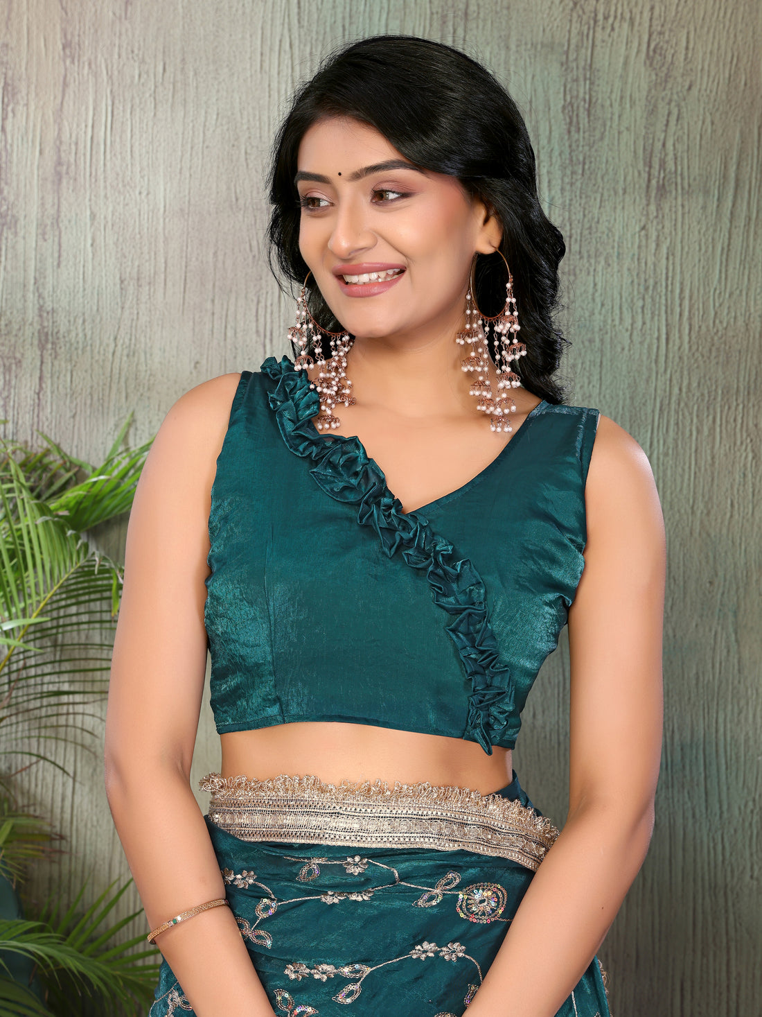 Rama Green Fendi Satin Silk Embroidered Saree with Designer Lace Border & Unstitched Blouse