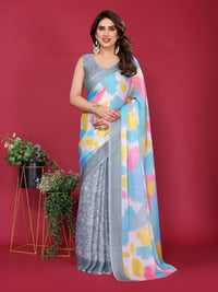 Grey & Pastel Multicolour Printed Moss Chiffon Silk Saree