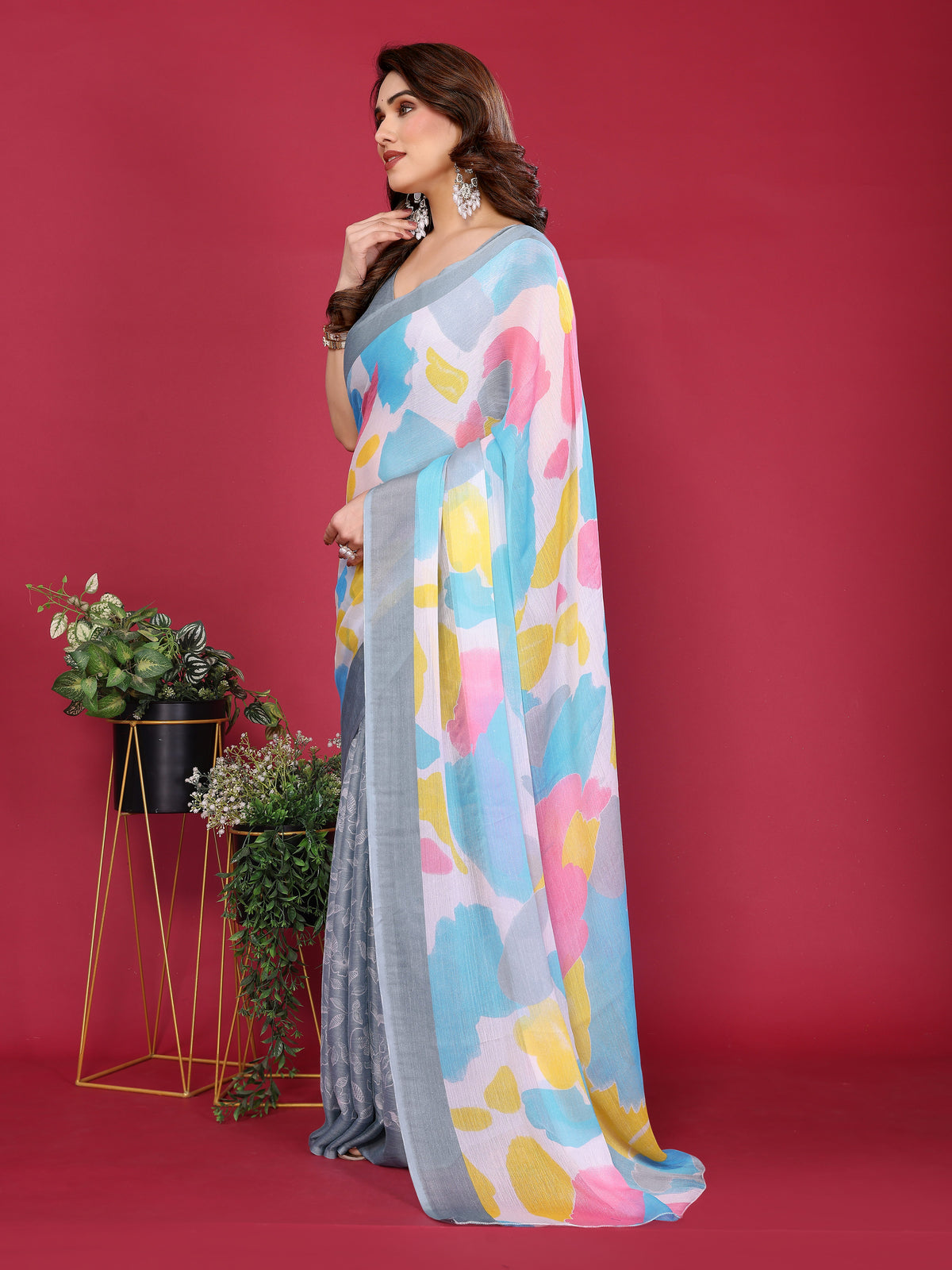 Grey & Pastel Multicolour Printed Moss Chiffon Silk Saree