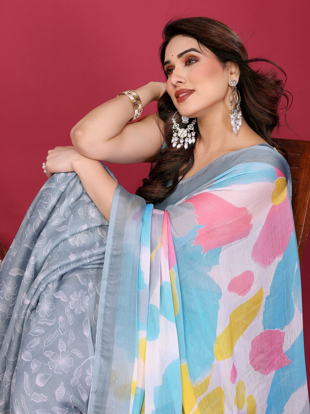 Grey & Pastel Multicolour Printed Moss Chiffon Silk Saree