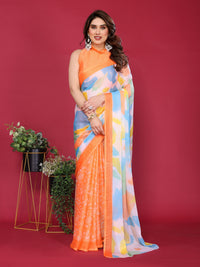 Orange & Pastel Multicolour Printed Moss Chiffon Silk Saree