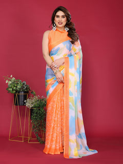 Orange & Pastel Multicolour Printed Moss Chiffon Silk Saree