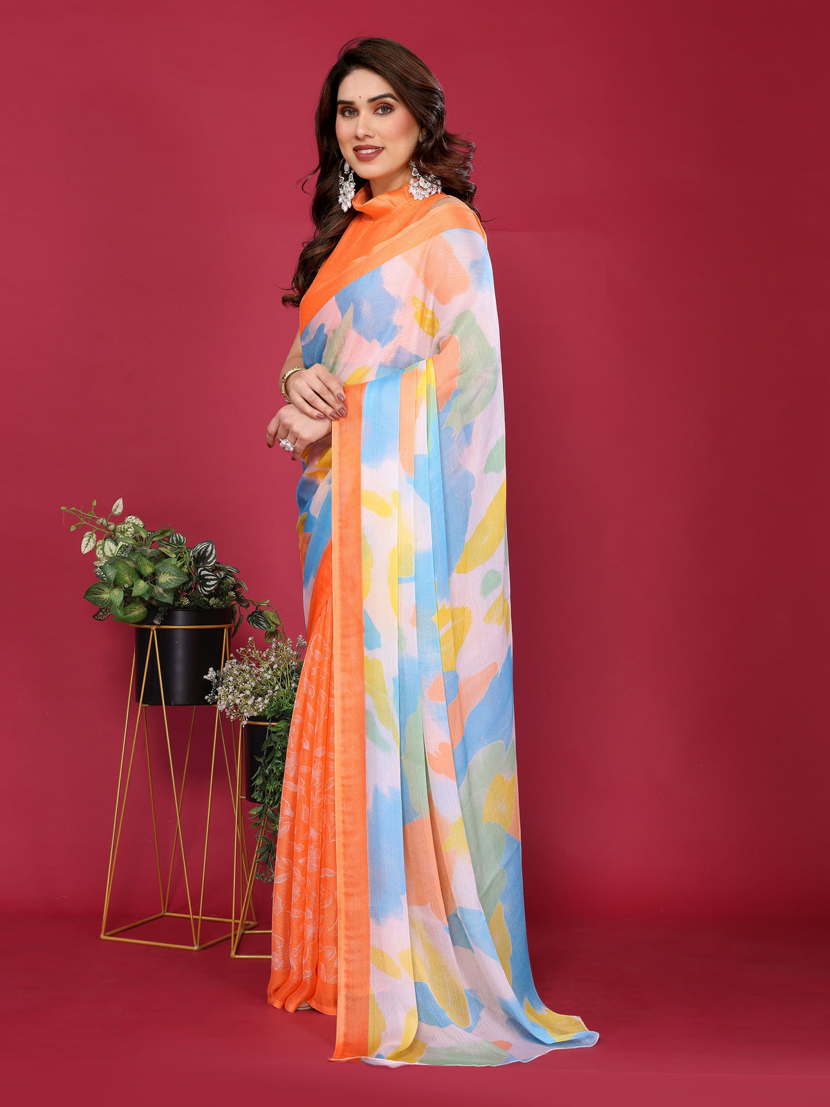 Orange & Pastel Multicolour Printed Moss Chiffon Silk Saree