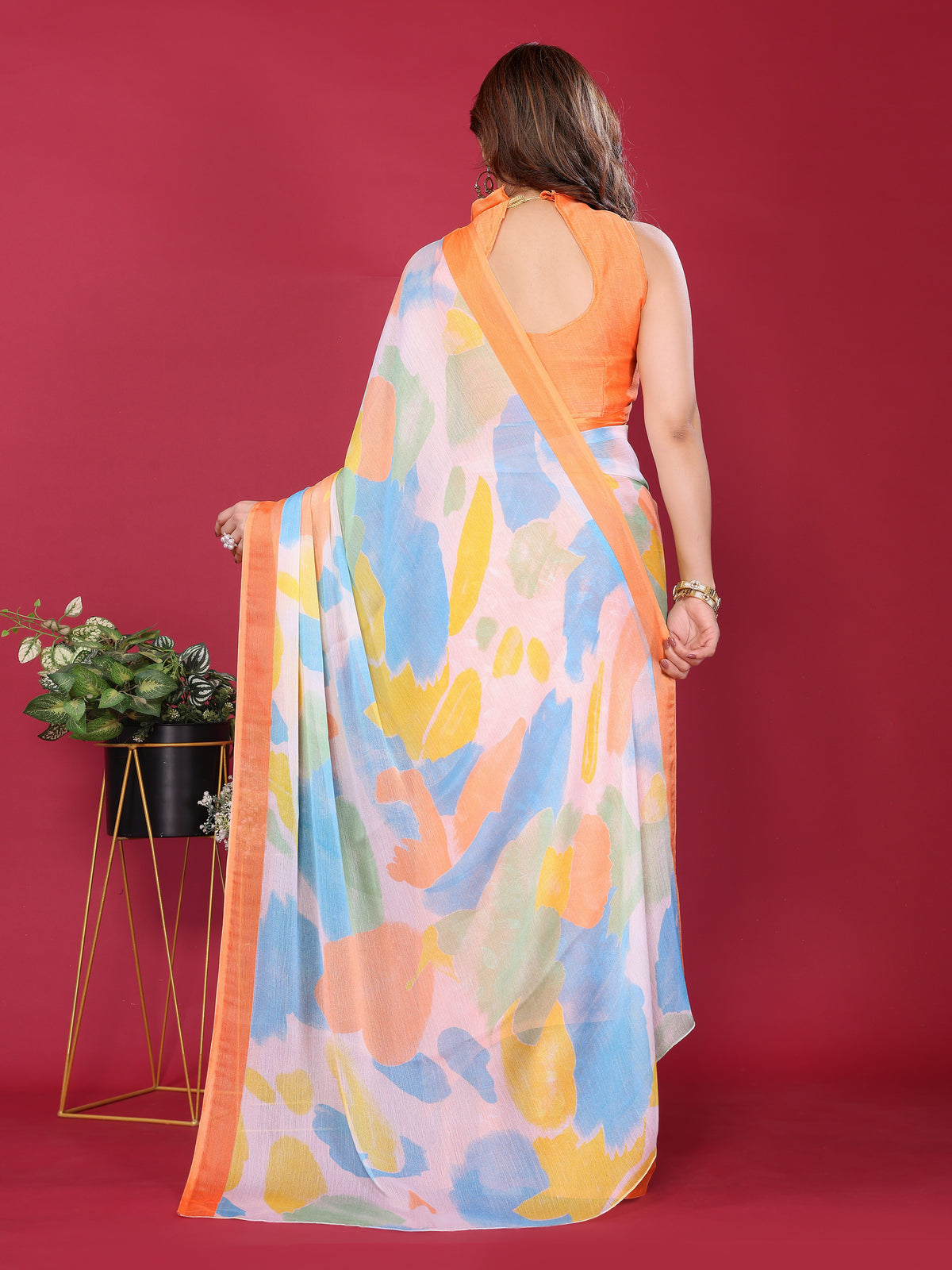 Orange & Pastel Multicolour Printed Moss Chiffon Silk Saree