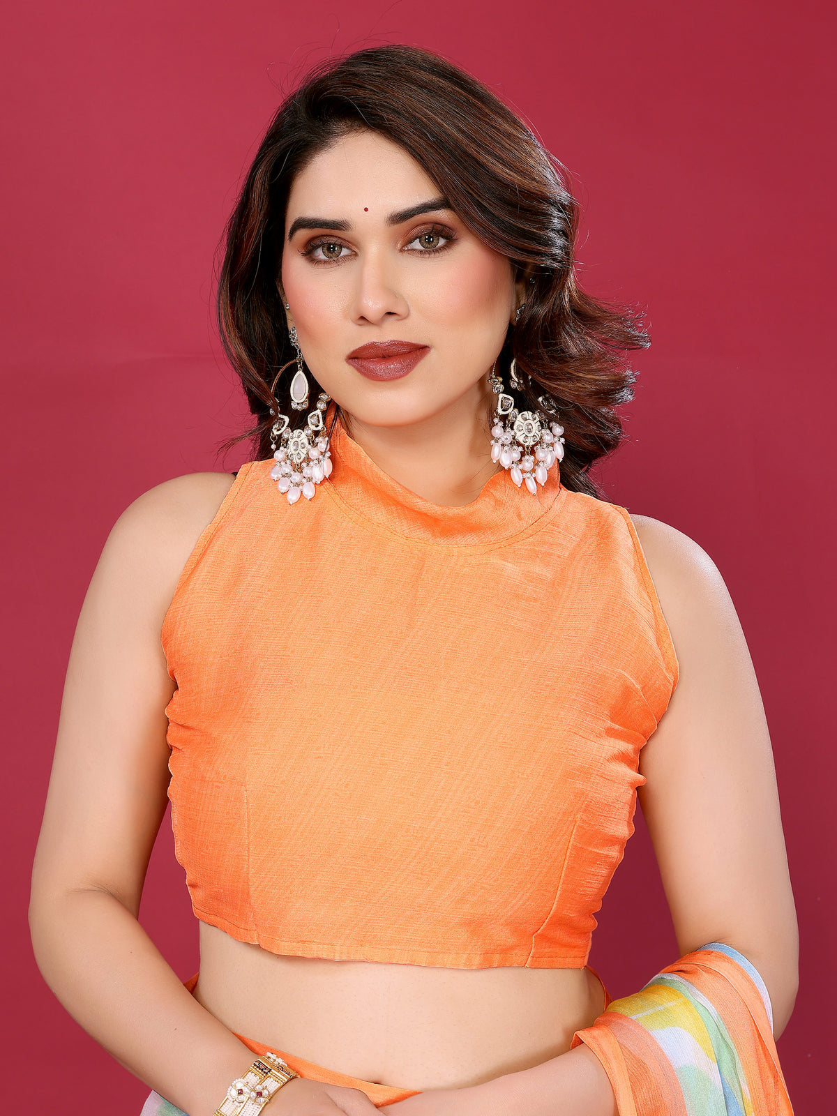 Orange & Pastel Multicolour Printed Moss Chiffon Silk Saree