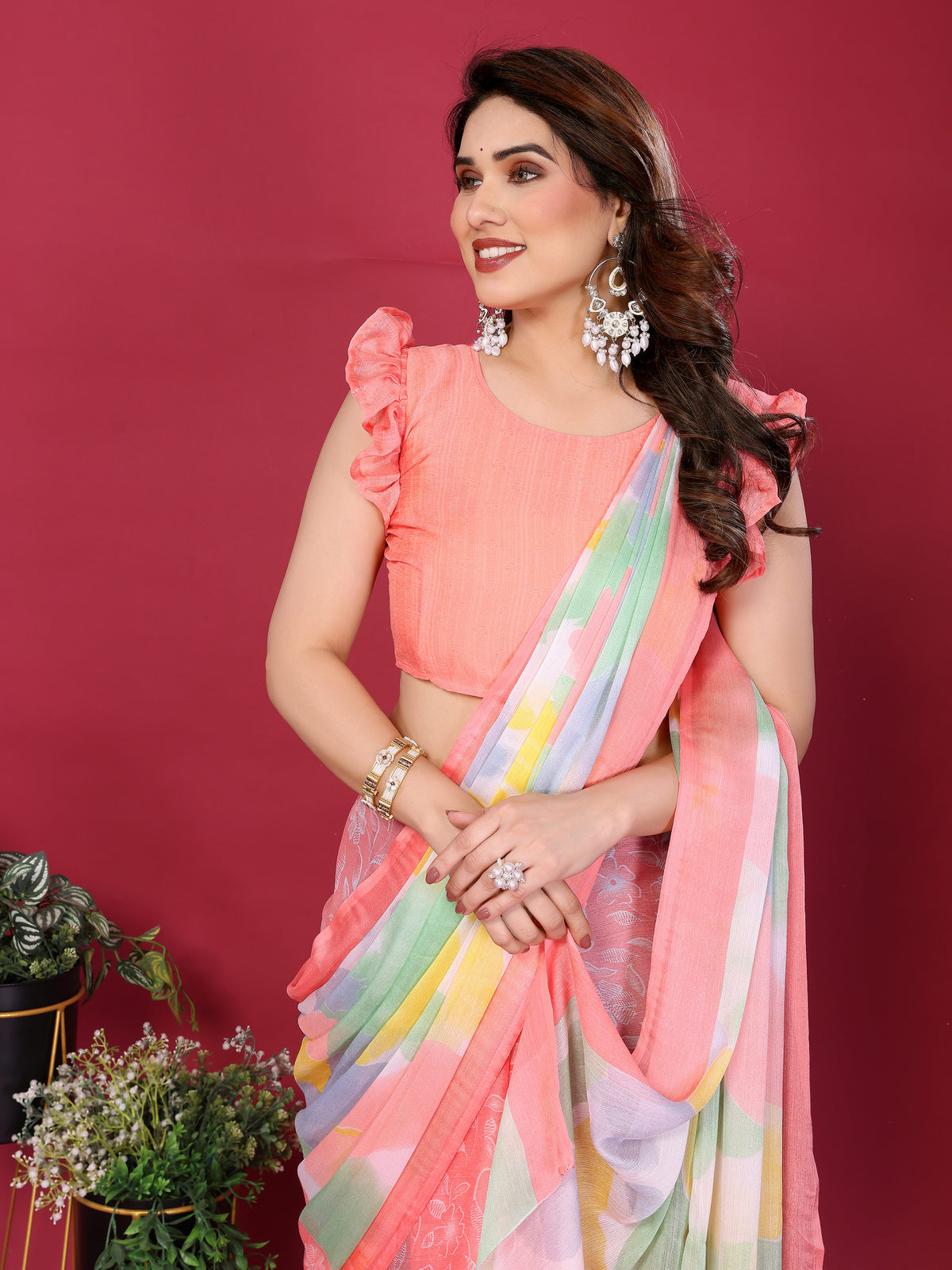Peach & Pastel Multicolour Printed Moss Chiffon Silk Saree