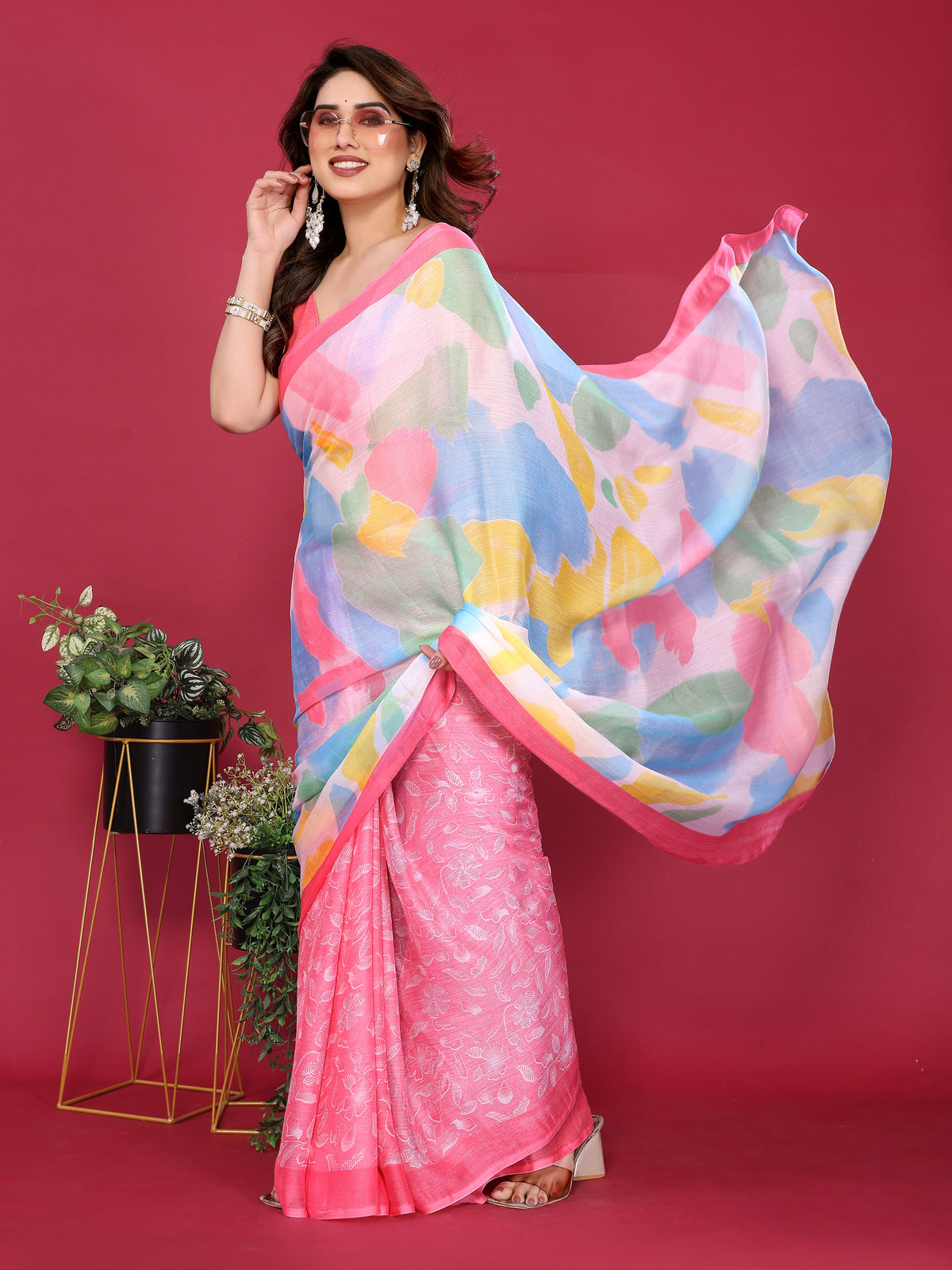 Pink & Pastel Multicolour Printed Moss Chiffon Silk Saree