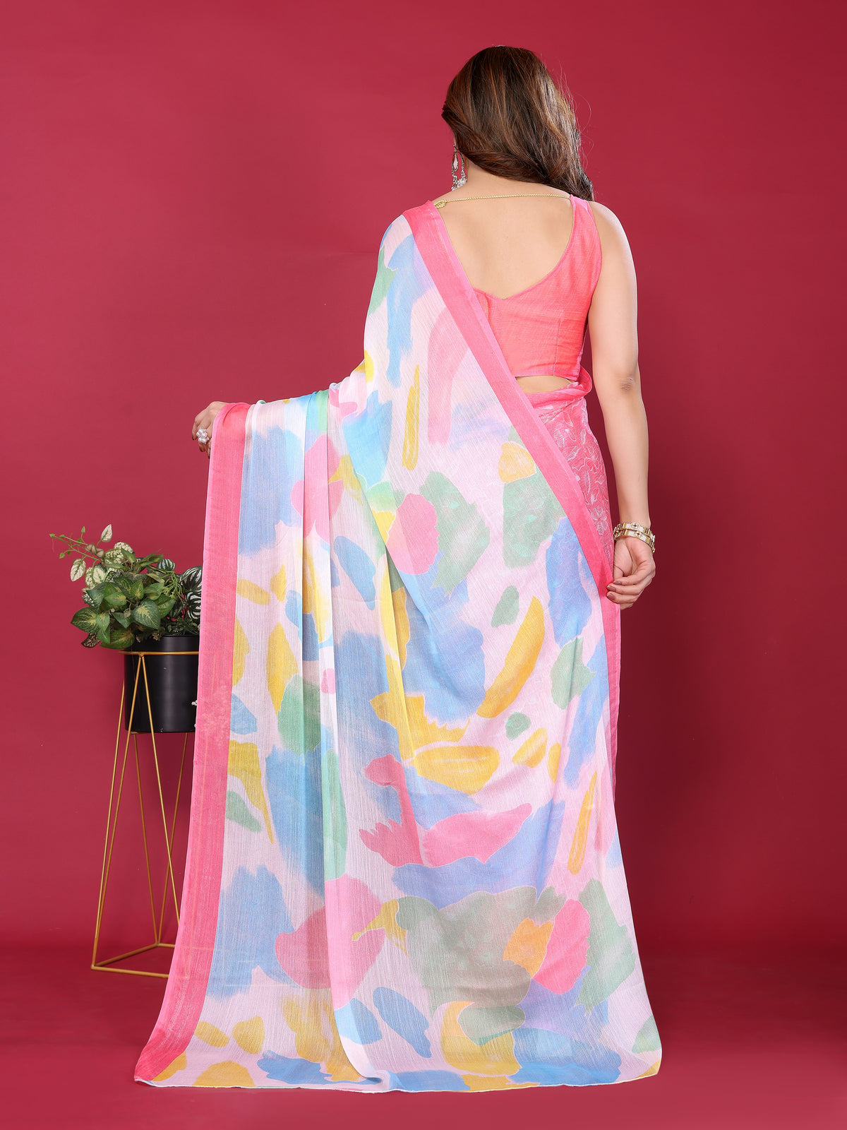 Pink & Pastel Multicolour Printed Moss Chiffon Silk Saree