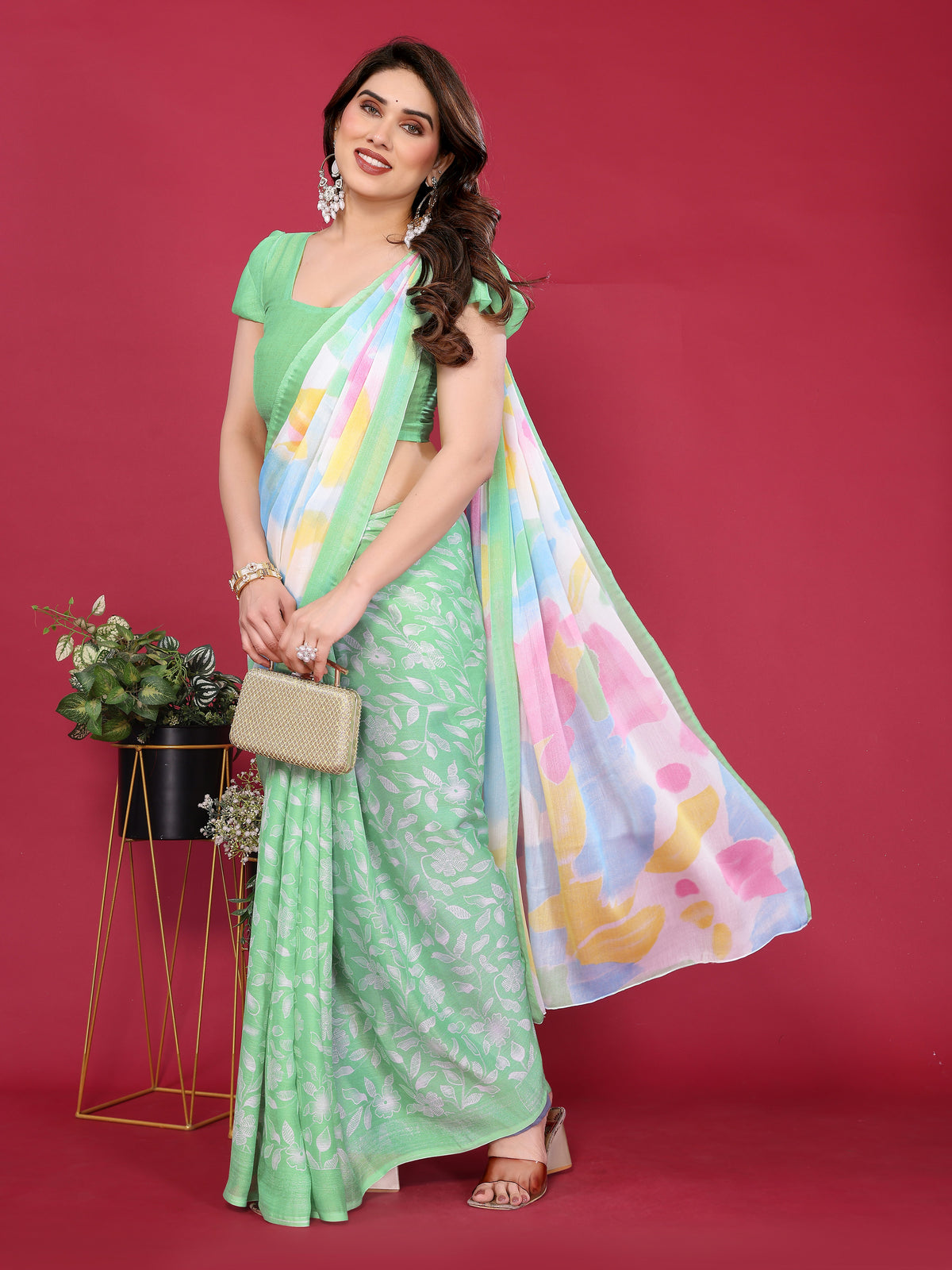 Pista Green & Pastel Multicolour Printed Moss Chiffon Silk Saree