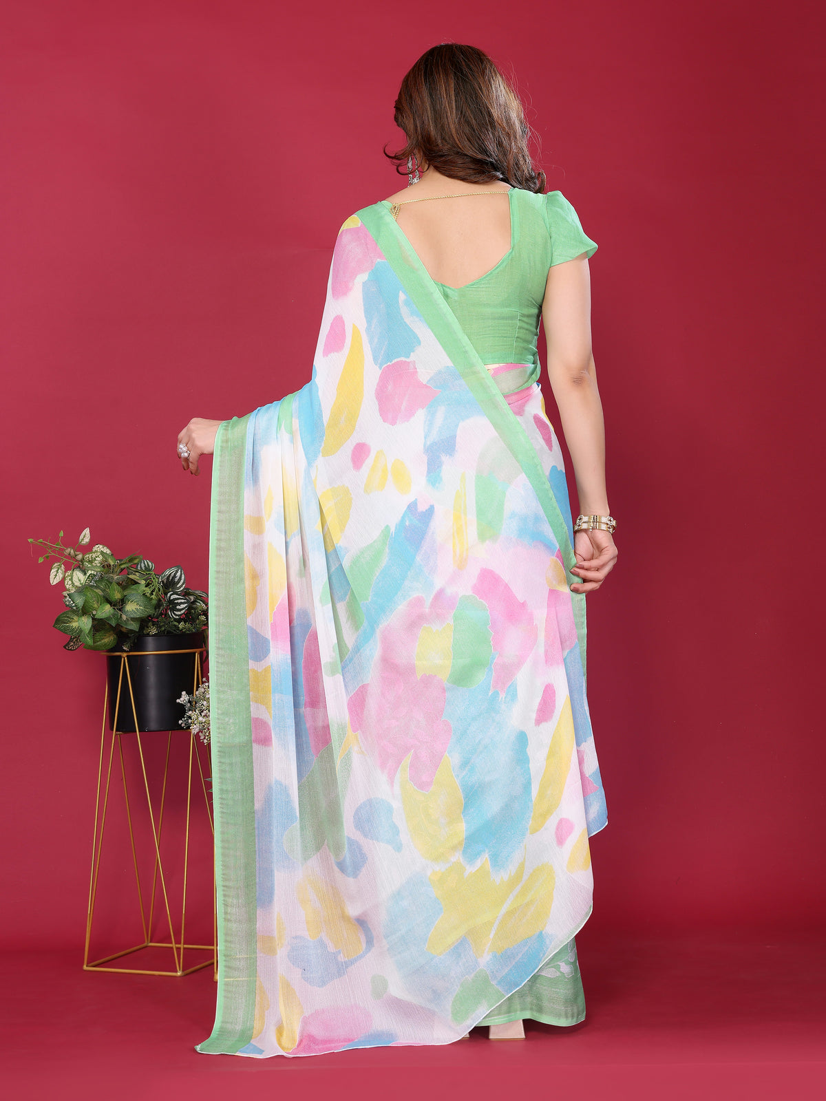 Pista Green & Pastel Multicolour Printed Moss Chiffon Silk Saree