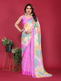 Purple & Pastel Multicolour Printed Moss Chiffon Silk Saree