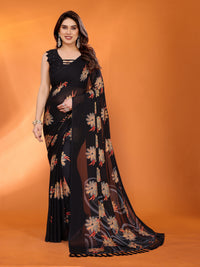 Black Dull Moss Silk Floral Printed Saree with Zari Work & Unstitched Blouse