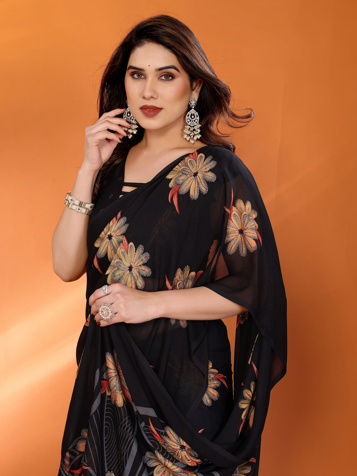 Black Dull Moss Silk Floral Printed Saree with Zari Work & Unstitched Blouse