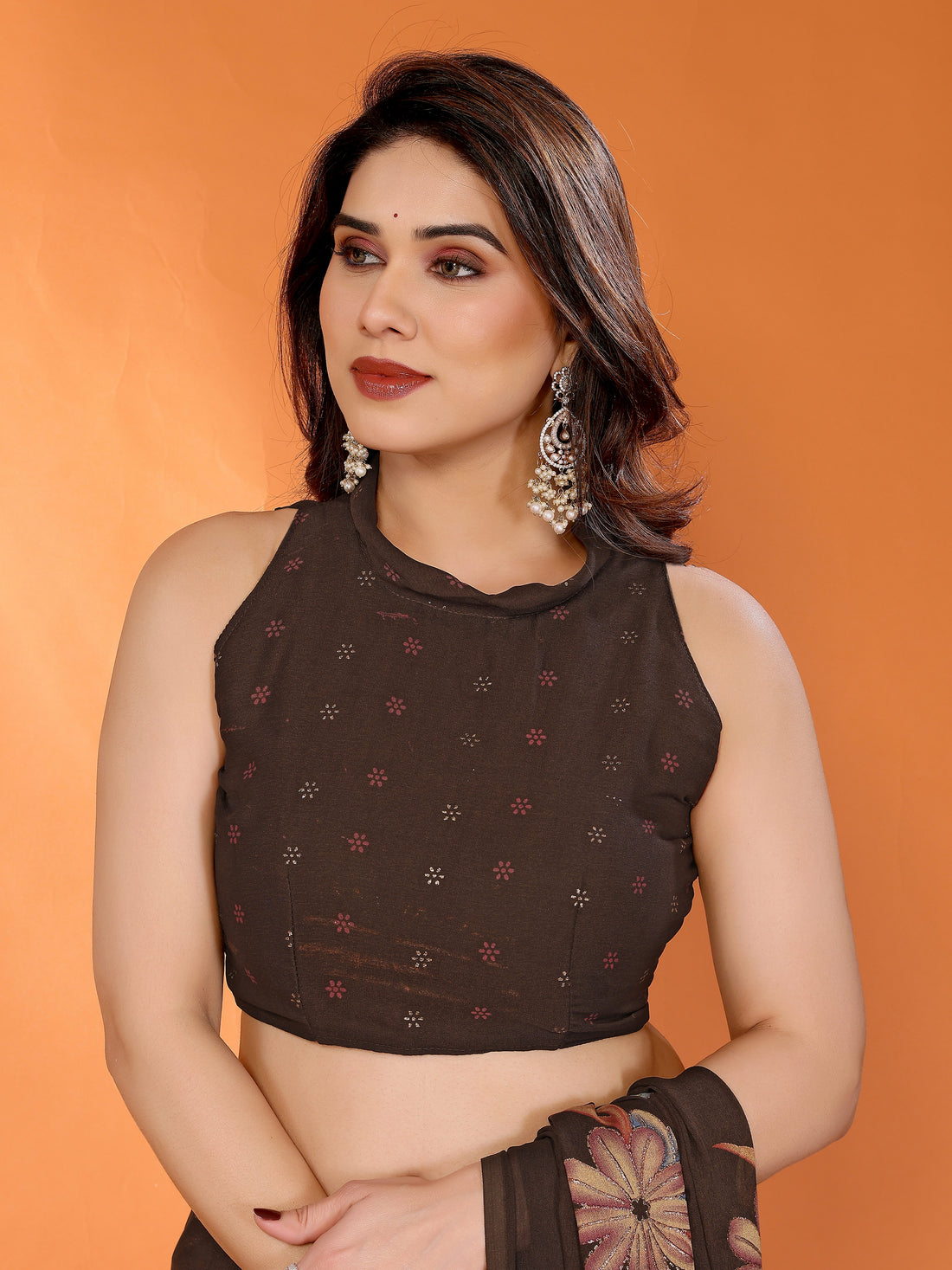 Brown Dull Moss Silk Floral Printed Saree with Zari Work & Tassel Pallu