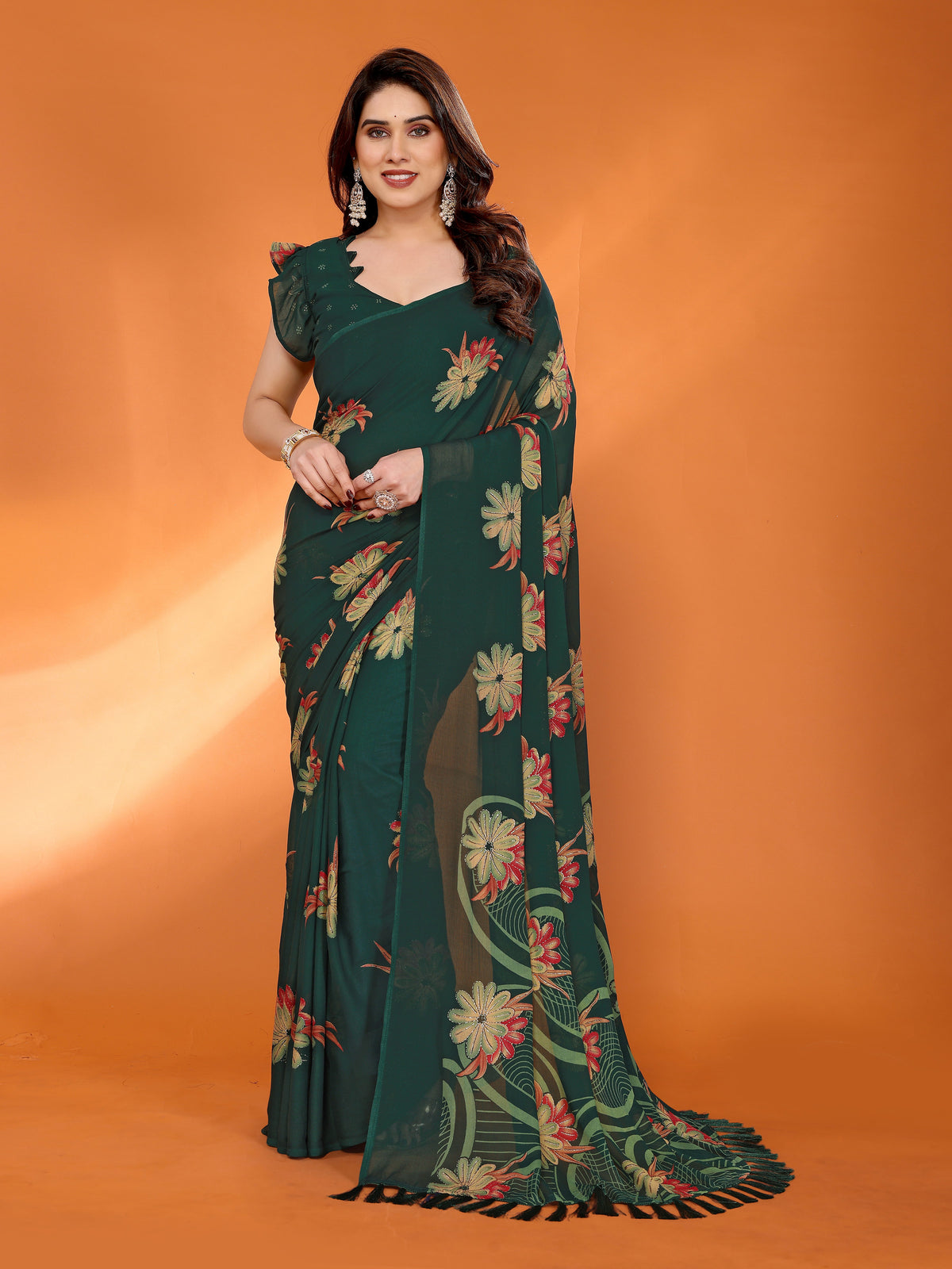 Green Dull Moss Silk Floral Printed Saree with Zari Work & Tassel Pallu