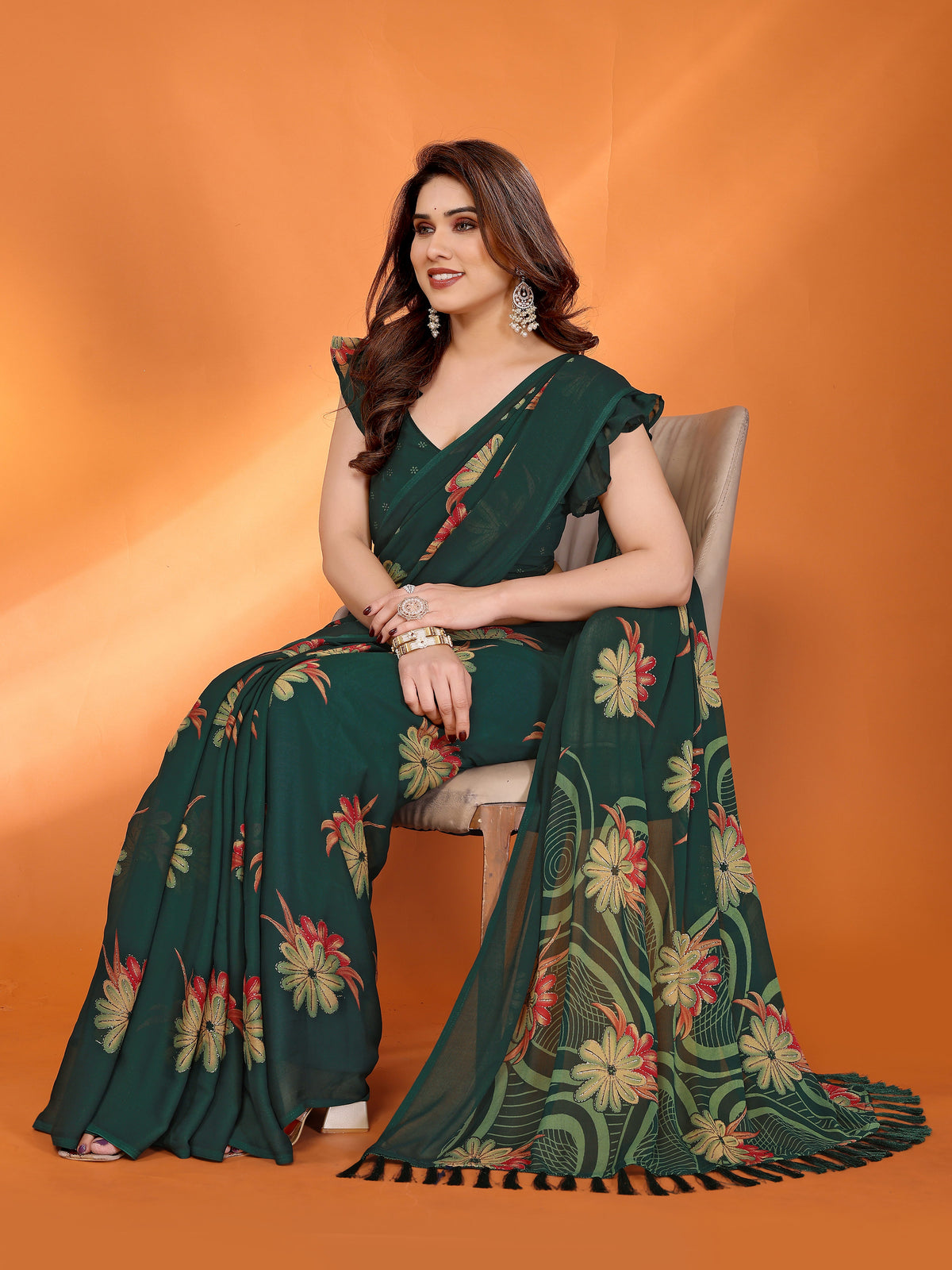 Green Dull Moss Silk Floral Printed Saree with Zari Work & Tassel Pallu
