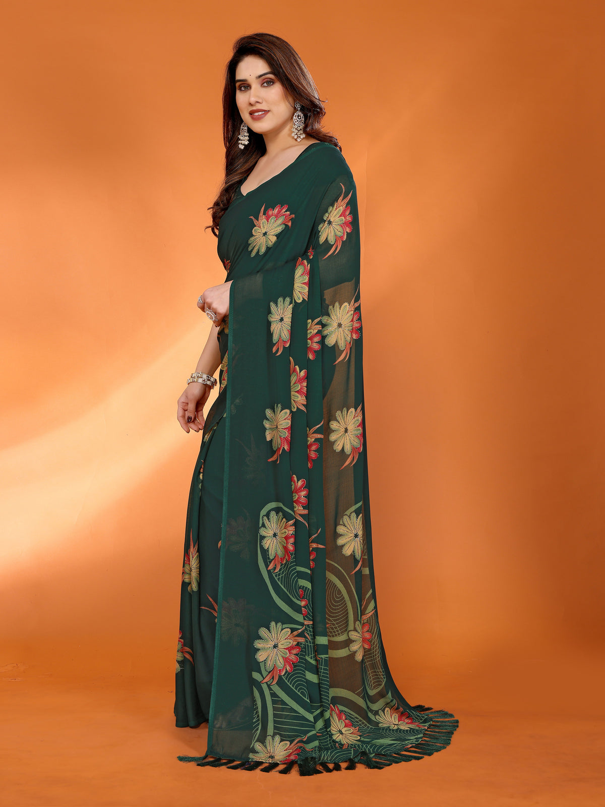 Green Dull Moss Silk Floral Printed Saree with Zari Work & Tassel Pallu