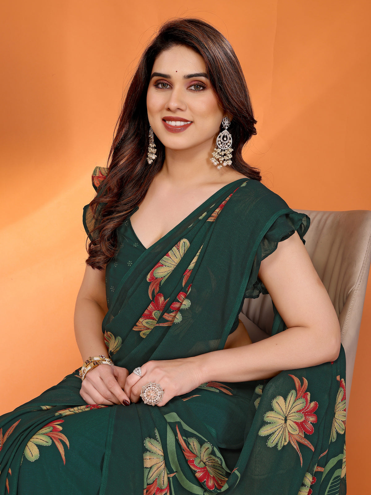 Green Dull Moss Silk Floral Printed Saree with Zari Work & Tassel Pallu