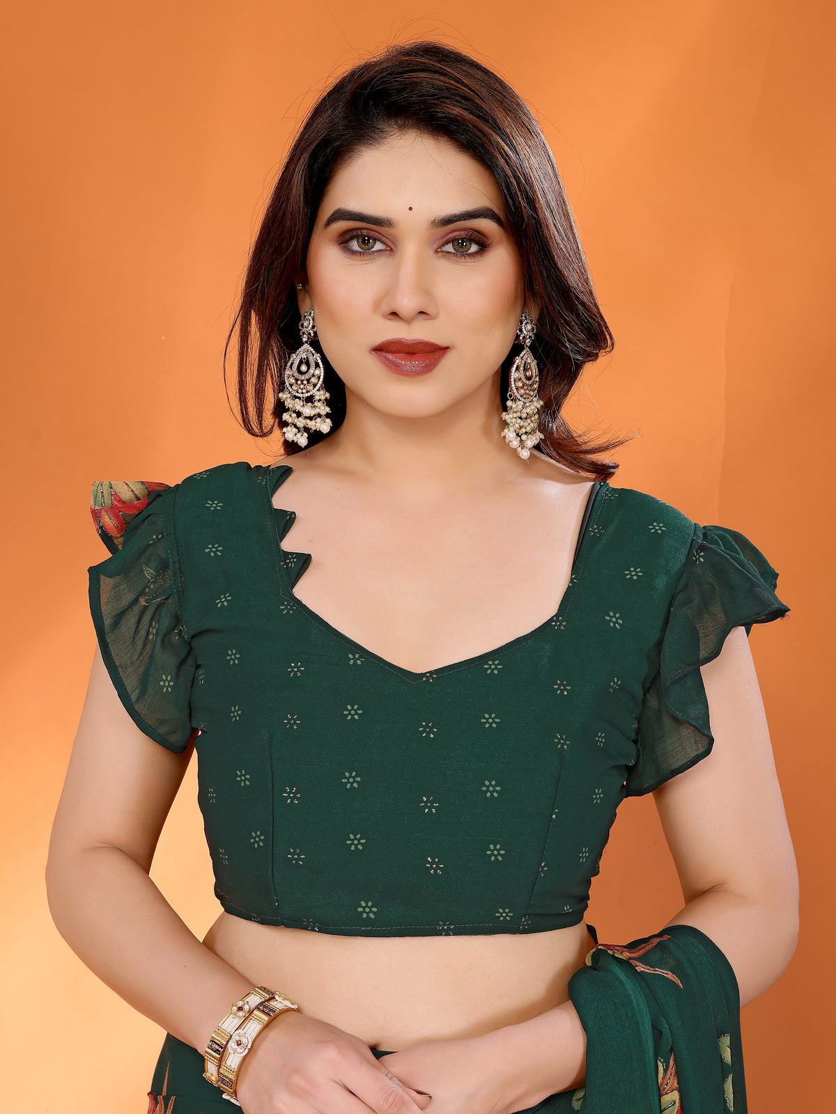 Green Dull Moss Silk Floral Printed Saree with Zari Work & Tassel Pallu