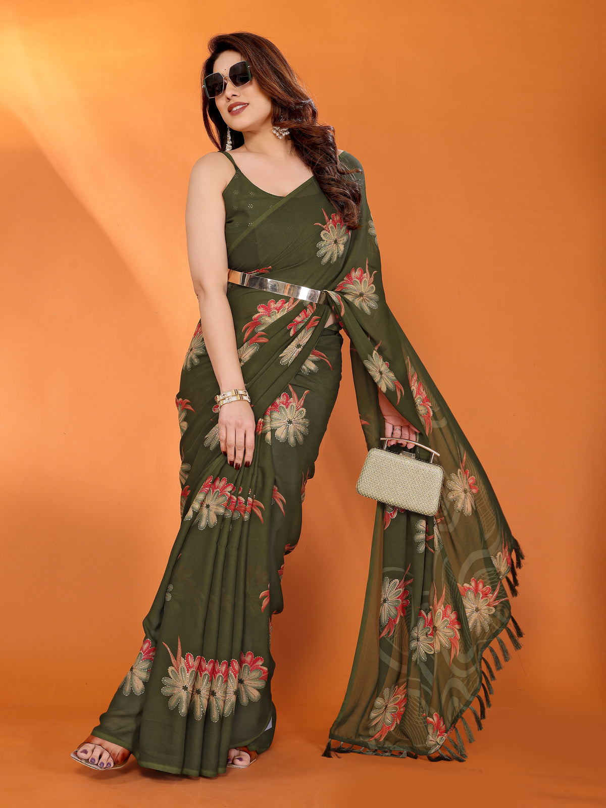 Mehendi Green Dull Moss Silk Floral Printed Saree with Zari Work & Tassel Pallu