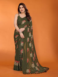 Mehendi Green Dull Moss Silk Floral Printed Saree with Zari Work & Tassel Pallu