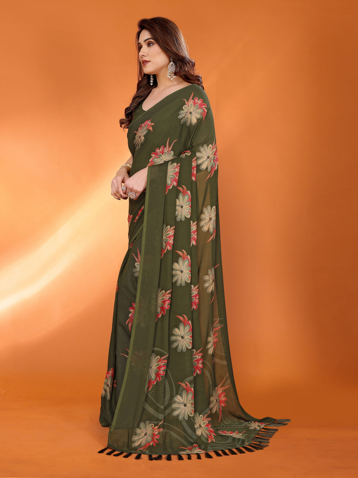 Mehendi Green Dull Moss Silk Floral Printed Saree with Zari Work & Tassel Pallu