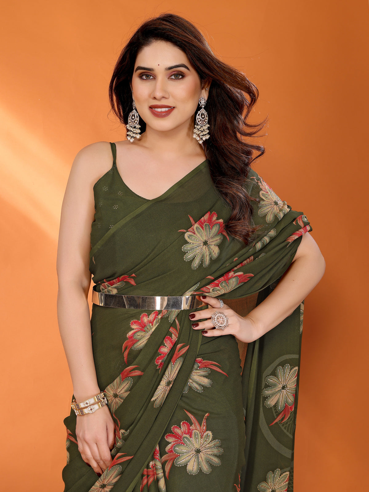 Mehendi Green Dull Moss Silk Floral Printed Saree with Zari Work & Tassel Pallu