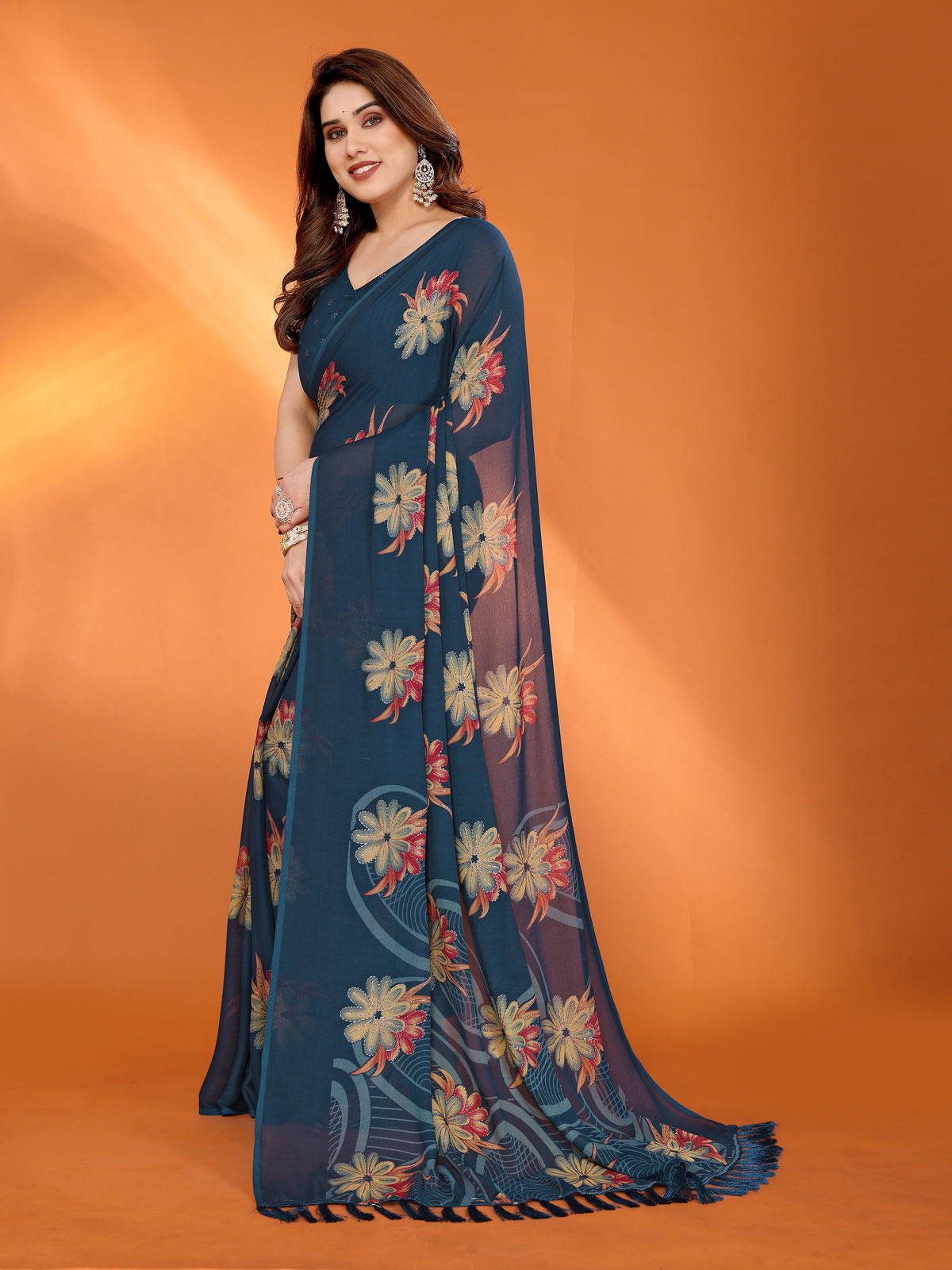 Peacock Blue Dull Moss Silk Floral Printed Saree with Zari Work & Tassel Pallu