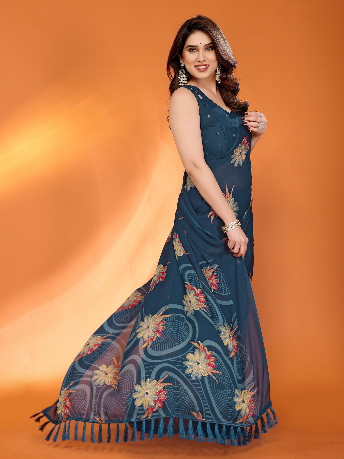 Peacock Blue Dull Moss Silk Floral Printed Saree with Zari Work & Tassel Pallu