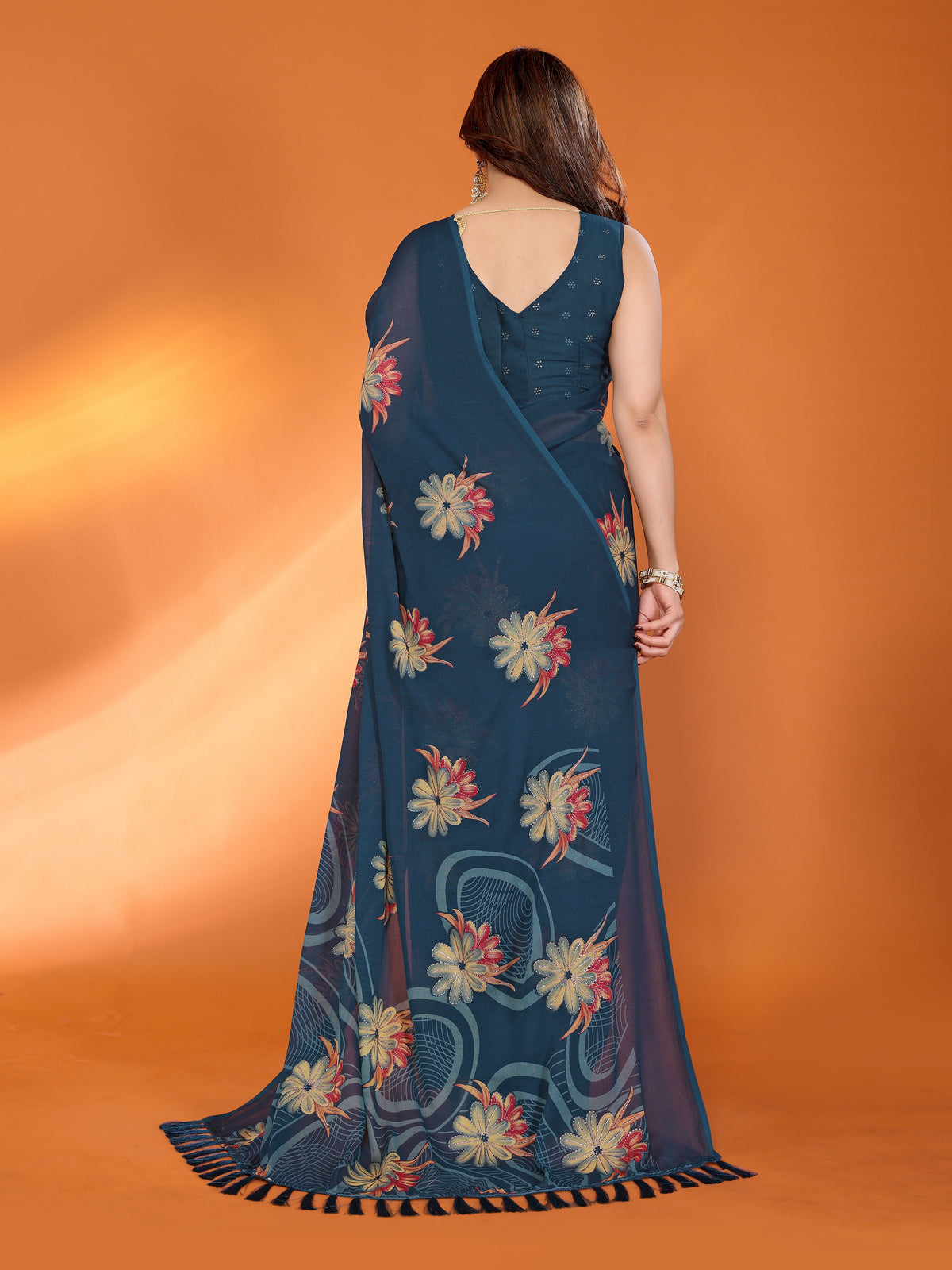 Peacock Blue Dull Moss Silk Floral Printed Saree with Zari Work & Tassel Pallu