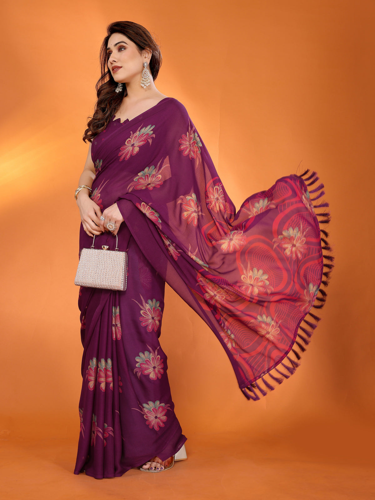 Purple Dull Moss Silk Floral Printed Saree with Zari Work & Tassel Pallu