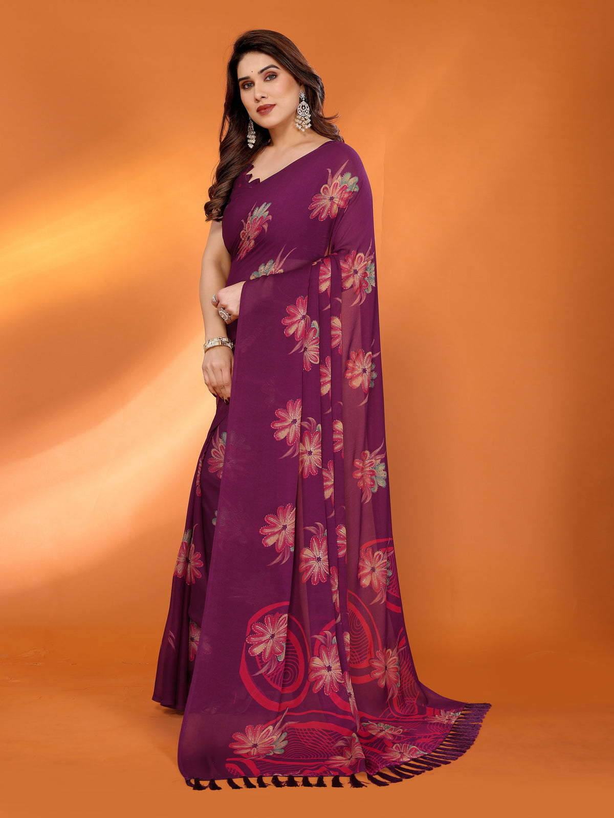 Purple Dull Moss Silk Floral Printed Saree with Zari Work & Tassel Pallu