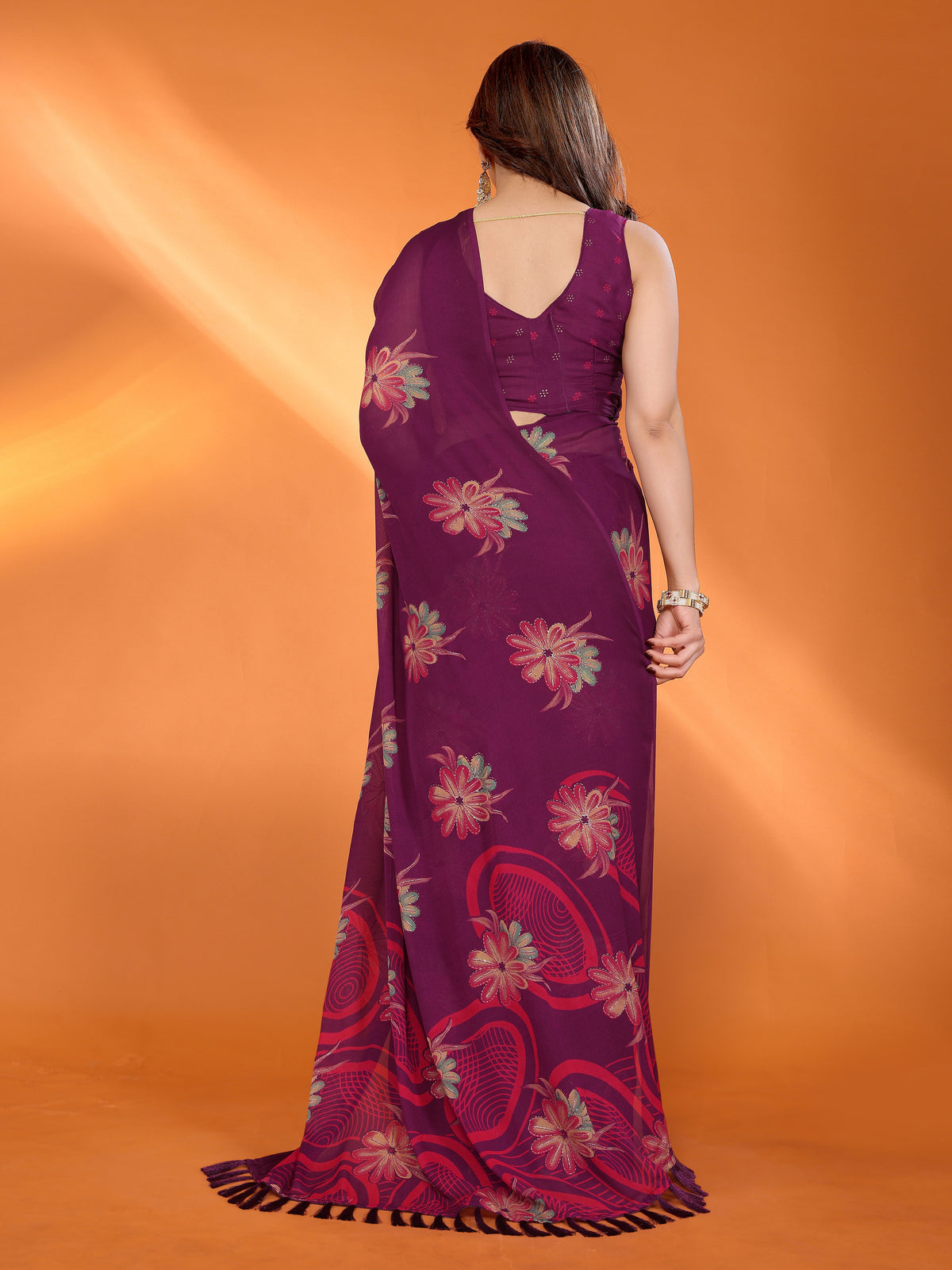 Purple Dull Moss Silk Floral Printed Saree with Zari Work & Tassel Pallu