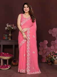 Gajari Pink Georgette Silk Embroidered Saree with Embroidery Work & Unstitched Blouse