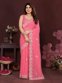 Gajari Pink Georgette Silk Embroidered Saree with Embroidery Work & Unstitched Blouse