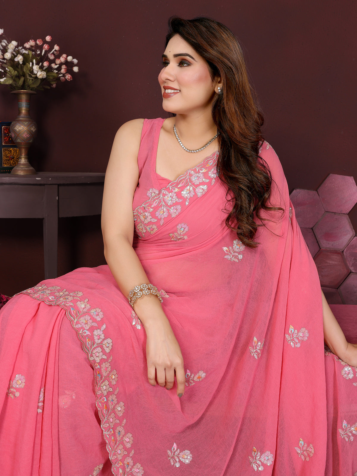 Gajari Pink Georgette Silk Embroidered Saree with Embroidery Work & Unstitched Blouse