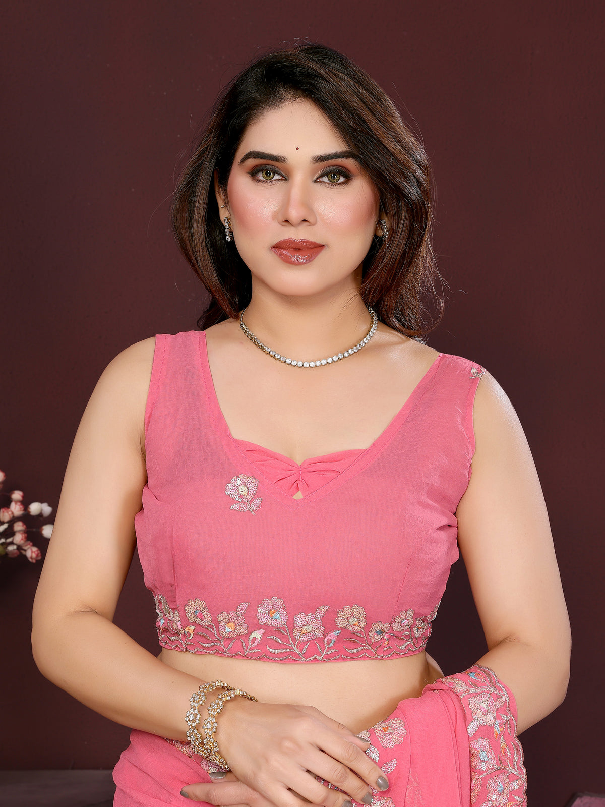 Gajari Pink Georgette Silk Embroidered Saree with Embroidery Work & Unstitched Blouse