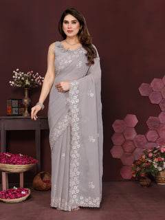 Grey Georgette Silk Embroidered Saree with Floral Embroidery & Unstitched Blouse
