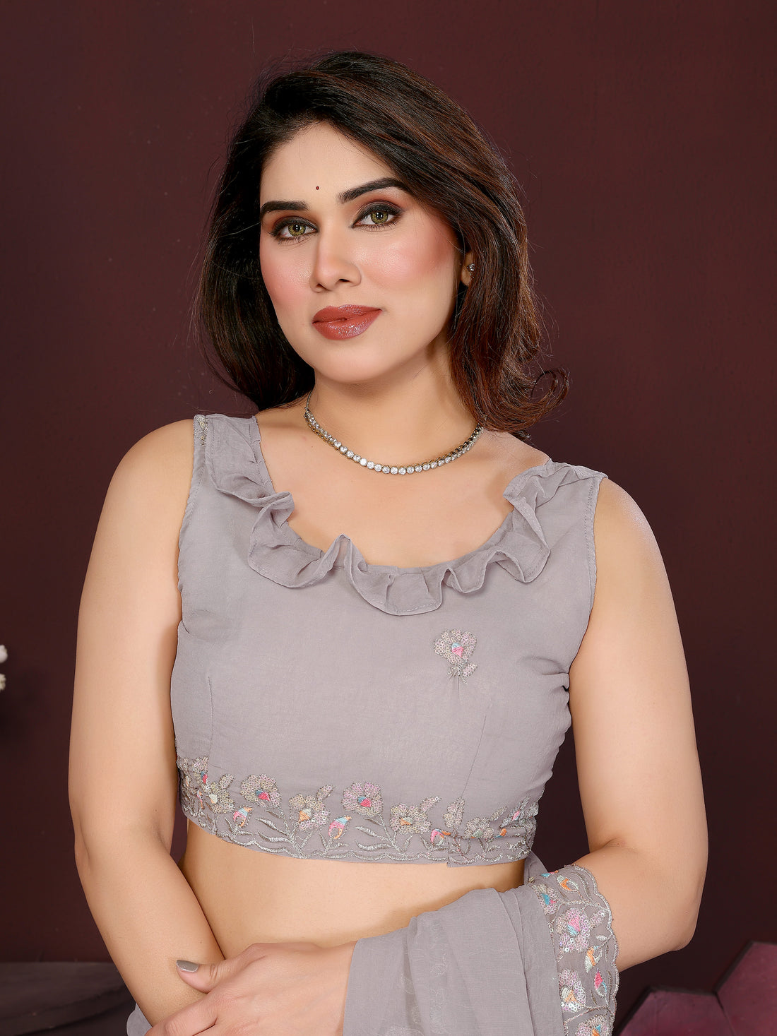 Grey Georgette Silk Embroidered Saree with Floral Embroidery & Unstitched Blouse
