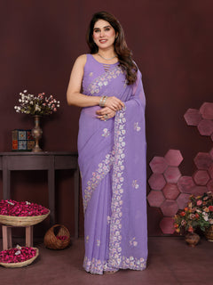 Lavender Georgette Silk Embroidered Saree with Floral Border & Unstitched Blouse
