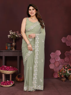 Pista Green Georgette Silk Embroidered Saree with Floral Border & Unstitched Blouse