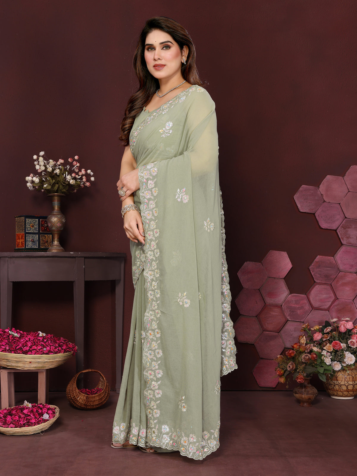 Pista Green Georgette Silk Embroidered Saree with Floral Border & Unstitched Blouse