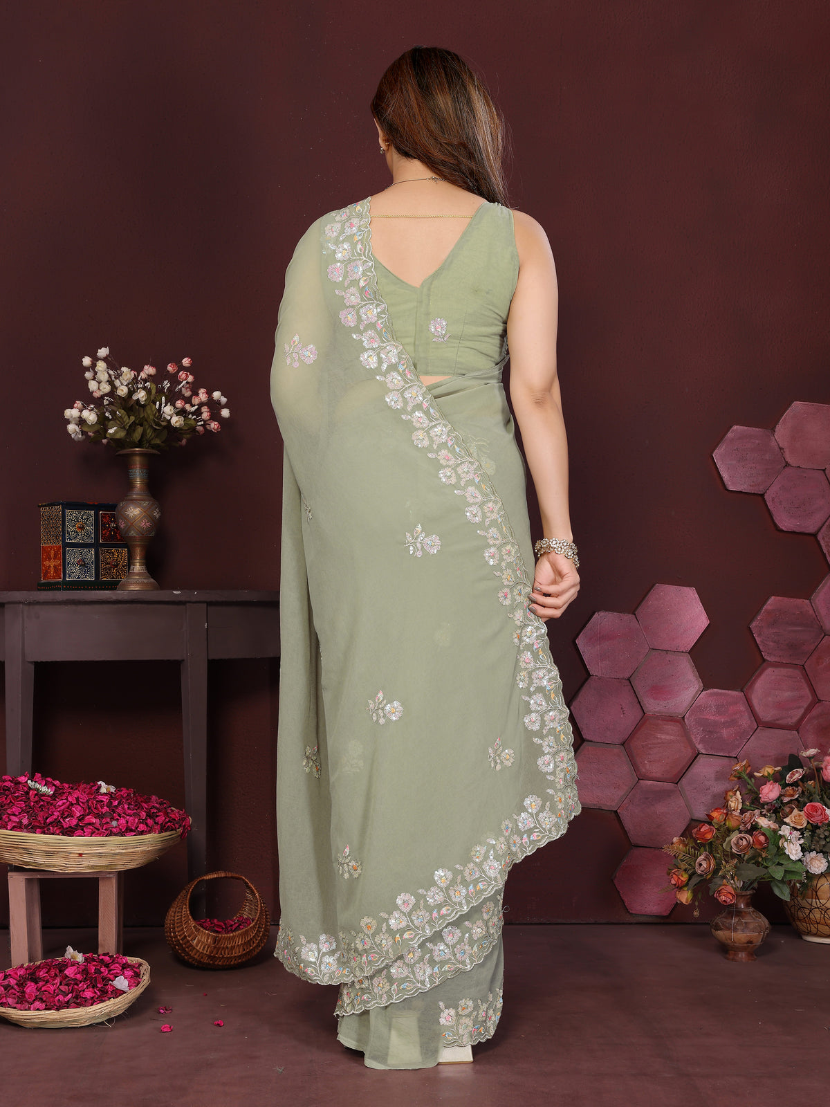 Pista Green Georgette Silk Embroidered Saree with Floral Border & Unstitched Blouse