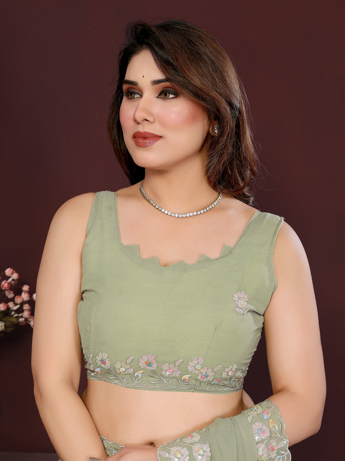 Pista Green Georgette Silk Embroidered Saree with Floral Border & Unstitched Blouse